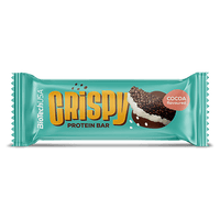 BioTechUSA Crispy Protein Bar – A gluten-free, crunchy, cocoa flavoured protein bar with white coating, milk protein extrudate, biscuit crumbs, sugars and sweeteners.