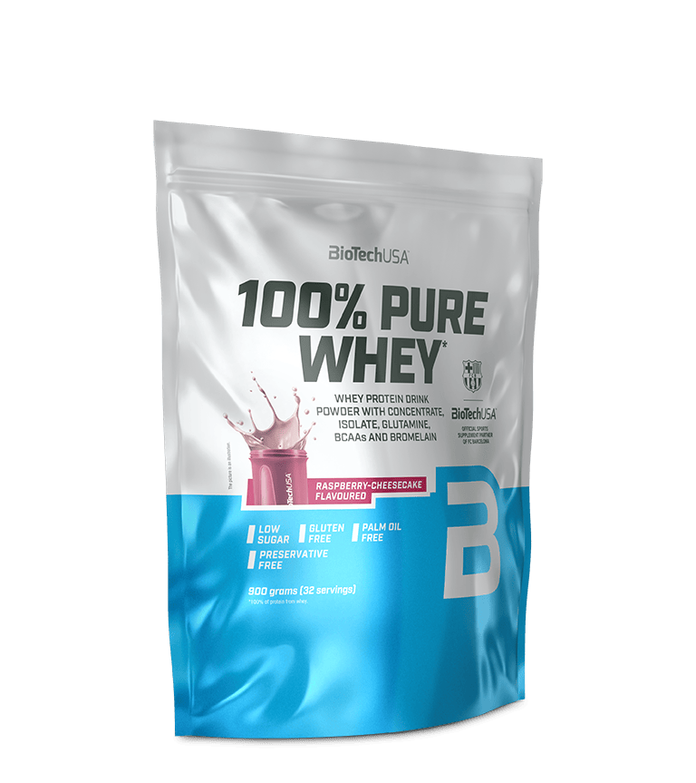 BioTechUSA 100% Pure Whey 900g Raspberry Cheesecake συσκευασία