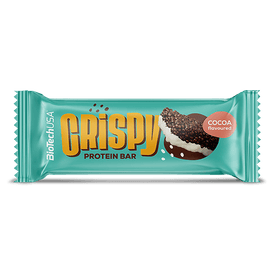 BioTechUSA Crispy Protein Bar – A gluten-free, crunchy, cocoa flavoured protein bar with white coating, milk protein extrudate, biscuit crumbs, sugars and sweeteners.