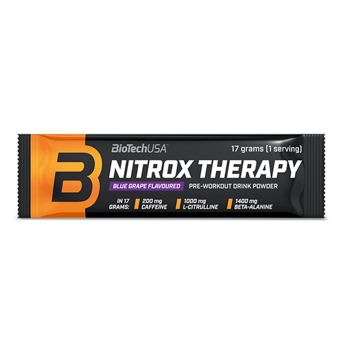 BioTechUSA Nitrox Therapy preworkout drink powder with sugar and sweetener, amino acids, vitamins and minerals, plus 200 mg caffeine per daily serving.