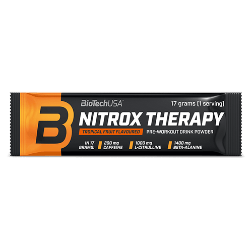 BioTechUSA Nitrox Therapy preworkout drink powder with sugar and sweetener, amino acids, vitamins and minerals, plus 200 mg caffeine per daily serving.
